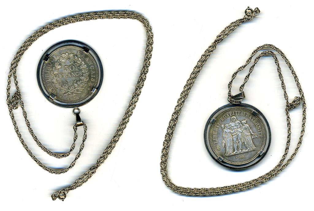 Collier Pendentif Avec Pièce De 50 Francs En Argent Massif - Occasion, Monture Argent Massif