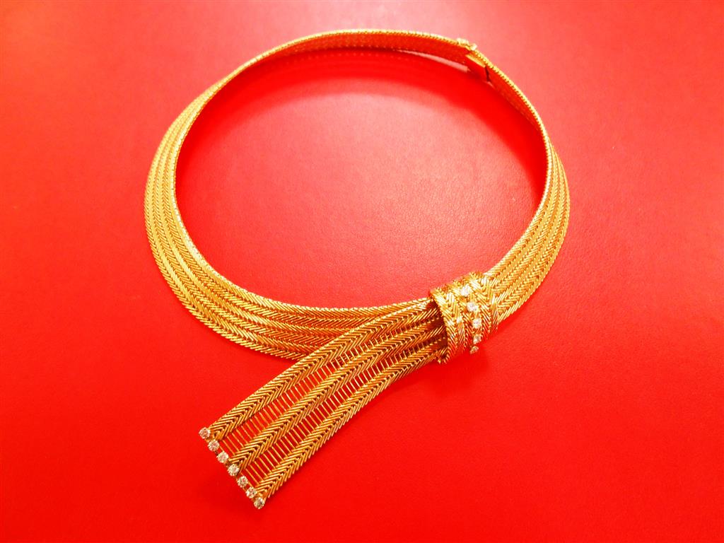 Collier Ancien Plaqué Or Nœud Avec Pierre Rouge Et Brillants - Style Art Déco Vintage, Occasion